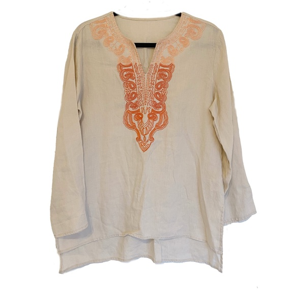 Tops - 100% Linen Embroidered High LowTunic Top Size Medium Long Sleeve
